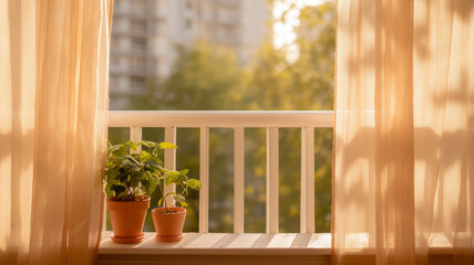 Sunny balcony with sheer curtain and potted plant in morning light creating cozy home atmosphere