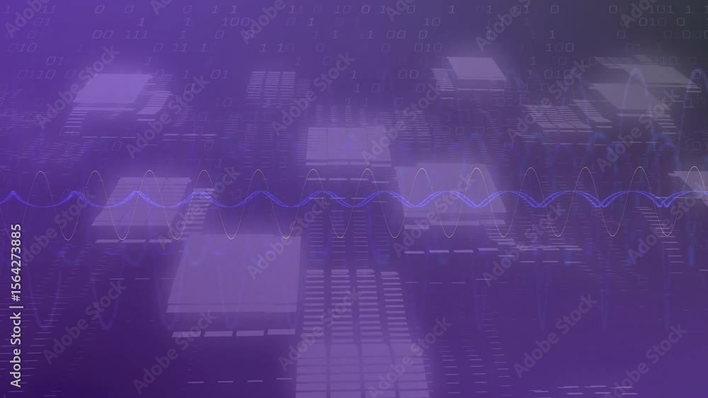 Poster purple grid opening prisms fading and rising while neon waveform pulsing showing virtual data flow