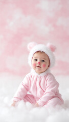 Cute baby in fluffy pink costume sitting happily on white background with rosy cheeks and nose