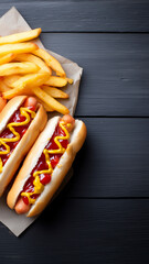 Hot dog with ketchup and mustard, served with crispy French fries on brown paper, classic fast food meal