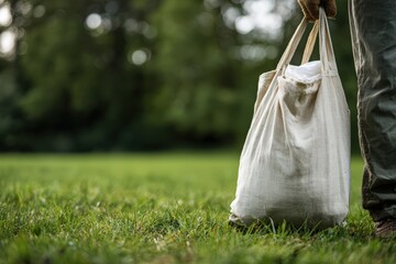 Eco-friendly gardening concept: person using long handled sack in green park