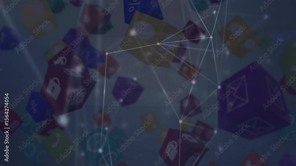 Poster nodes materializing and connecting network, icon cubes rotating and drifting showing data loop