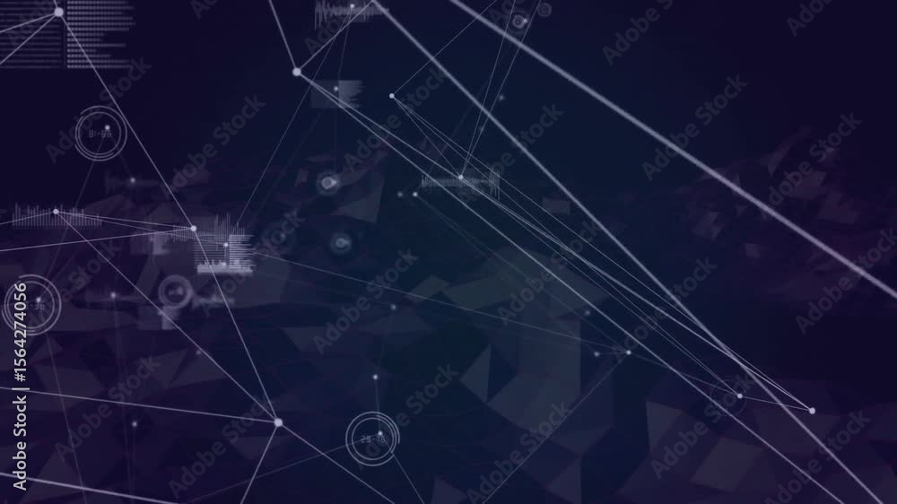 Poster opening on dark backdrop, cluster of white nodes spawning hud graphs representing live data flow