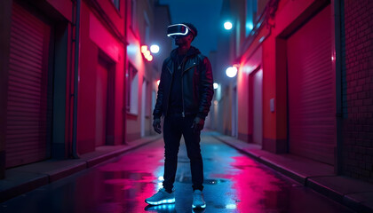 Man in VR Headset Exploring Neon Cityscape at Night