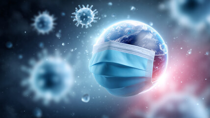 Earth with protective face mask surrounded by virus particles, symbolizing global health crisis and pandemic awareness in dramatic atmosphere