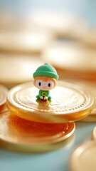 Cute small elf figurine sitting on shiny gold coin with blurred coins background, bright and warm festive atmosphere