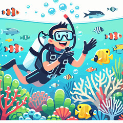 Enthusiastic Diver Surrounded by Colorful Fish And Coral Reef Vector Illustration