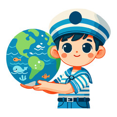 Happy Sailor Boy Holds Globe Earth with Sea Animals Cartoon Style