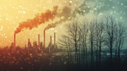 Obraz premium a lifeless barren zone with broken branches and factory emissions in the air, blurred background,