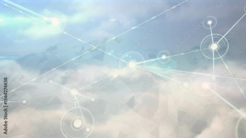 Poster single node appearing over clouds starting glowing network with nodes linking and showing data flow