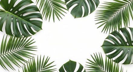 A vibrant arrangement of tropical leaves forms a frame around a blank center.