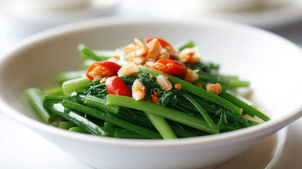 Stir fried morning glory with garlic and chili in white bowl