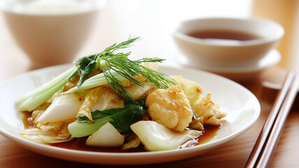 Stir fried bok-choy, napa cabbage, and cauliflower with fresh dill, served on white plate