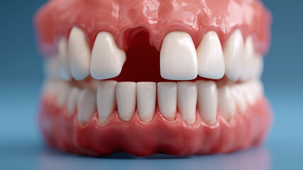 Realistic gum model showing missing front tooth demonstrating dental implant or restoration treatment concept.
