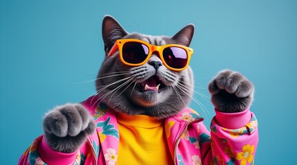 Obraz premium A gray cat with sunglasses and a pink jacket poses