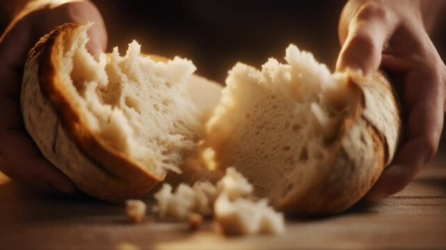 M&atilde;os partindo delicadamente o p&atilde;o artesanal em c&acirc;mera lenta para a Sagrada Comunh&atilde;o