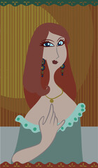 Redhead woman in party clothes, necklace and earrings with orange and brown abstract background.eps