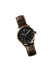 Close-up of a simple, elegant wristwatch, isolated on a white background, featuring a round black dial with gold-tone hour markers and hands, including a slim second hand. 