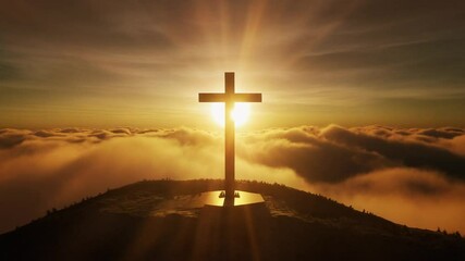 Silhueta de cruz de madeira contra o nascer do sol dramático com raios de luz dourados