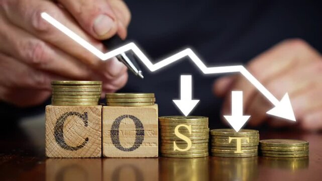 Cost Reduction Concept Featuring Wooden Blocks Gold Coins Arrow and Hand With Pen on Dark Brown Surface