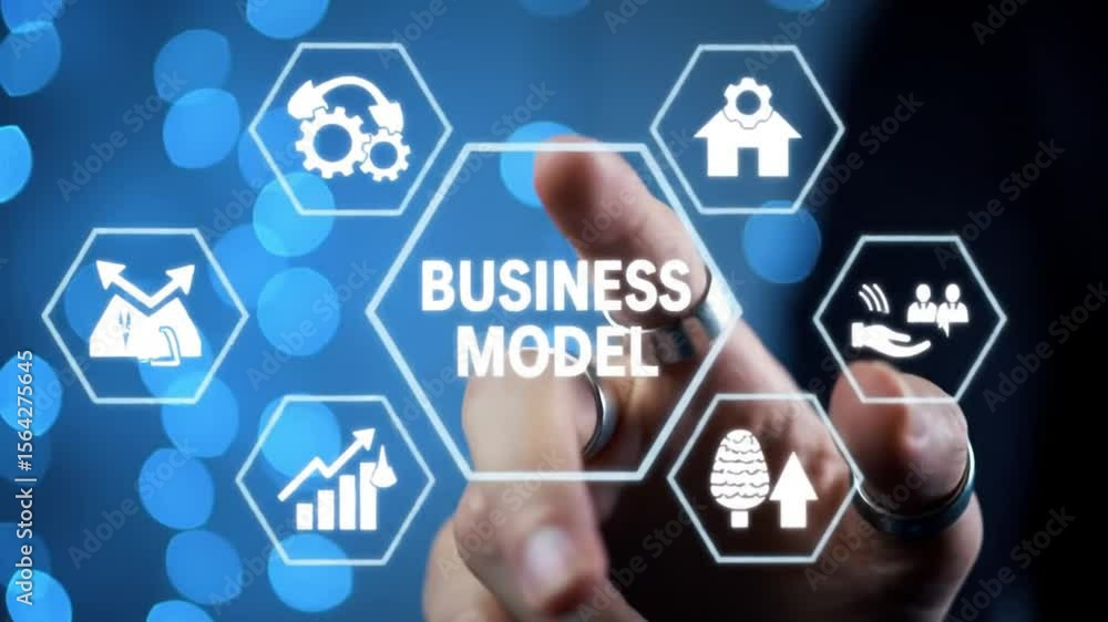 Poster hand interacts with digital business model hexagon on blue bokeh background with icons future tech i