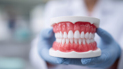 Realistic complete denture model presented by dentist in clinic demonstrating full arch prosthetic solution for patients.
