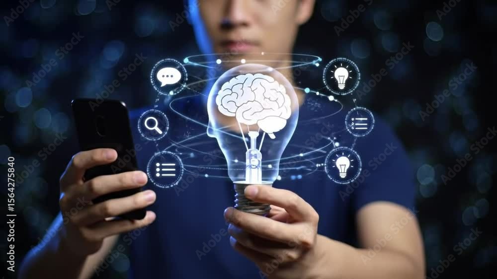 Poster person holding glowing brain lightbulb surrounded by tech icons with bokeh background and smartphone