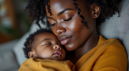 Obraz premium A mother embraces her sleeping baby with love