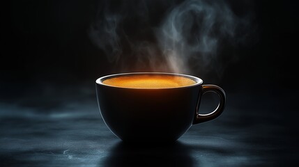 Steaming cup of hot coffee on dark background