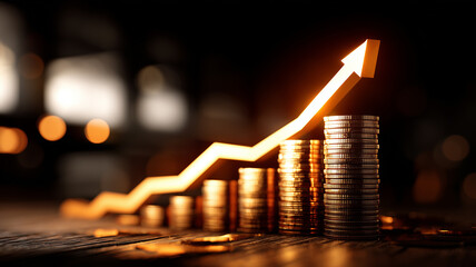 Explosive profit growth concept illustrated by rising coin columns and fiery arrow streaking upward.
