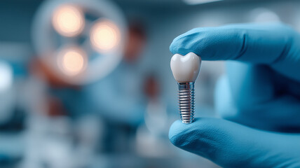 Cutting edge dental implant held by gloved surgeon symbolizing modern restorative dentistry innovation and precision.
