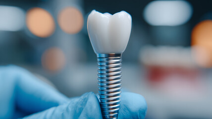 Cutting edge dental implant held by gloved surgeon symbolizing modern restorative dentistry innovation and precision.
