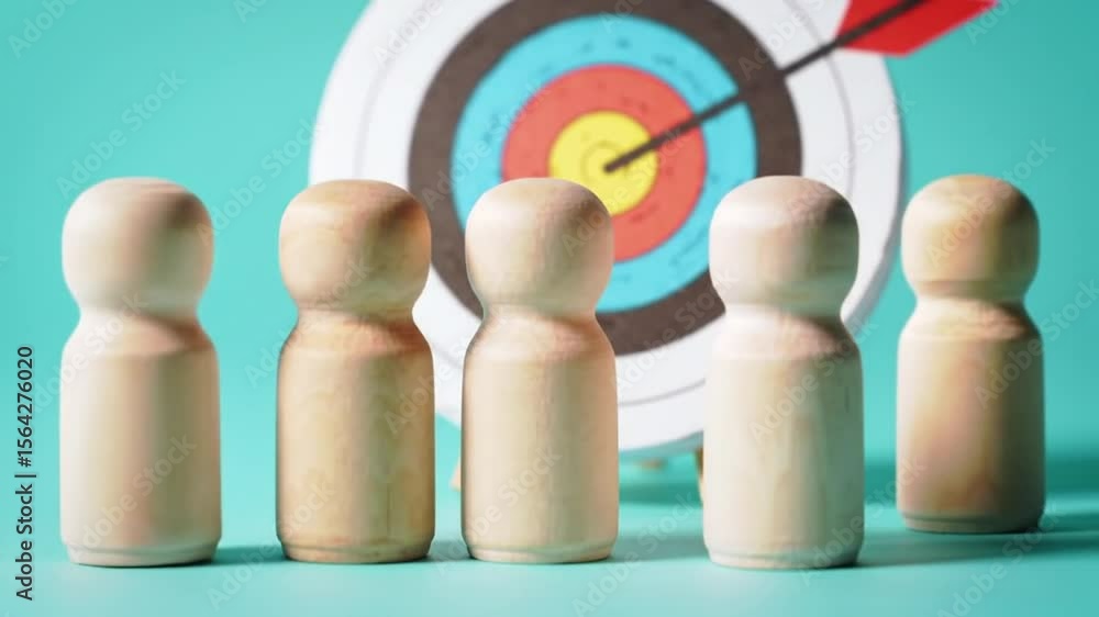 Aufkleber wooden figurines facing target with red arrow on teal background in studio setting