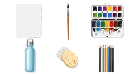 Artistic arrangement featuring watercolor paints brush paper sponge pencils and a blue water bottle neatly placed