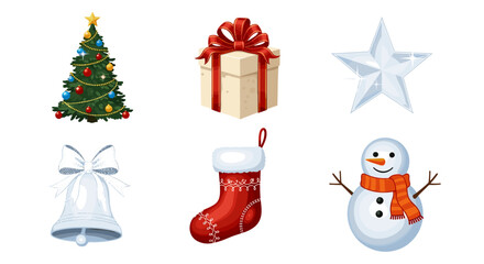 Illustration showing christmas tree, gift, star, bell, stocking, and snowman on a white background
