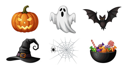 Collection of halloween themed elements including pumpkin ghost bat witch hat spiderweb and candy bowl items