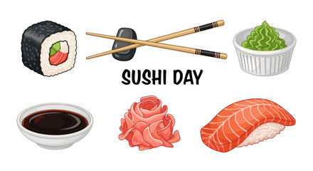 Assorted sushi with maki roll nigiri ginger wasabi soy sauce and chopsticks for sushi day celebration © Luan
