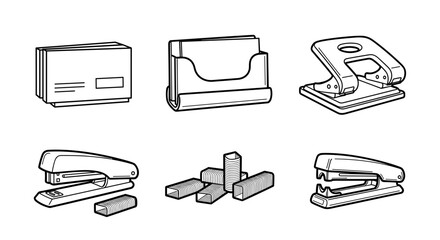 Illustration of office supplies including a stapler hole punch and paper holder in black and white style