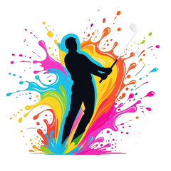 Dynamic Golfer Silhouette with Splashing Colorful Paint Effects