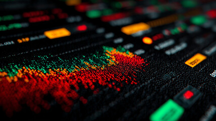 LED stock ticker display illustrates fast-moving financial trading data with vivid red, green and yellow signals.
