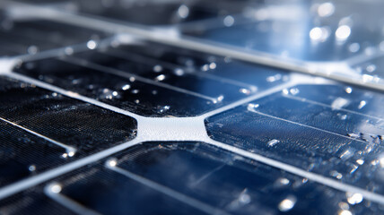 Macro view of rain-kissed solar cells representing clean-energy innovation and sustainable investment potential.
