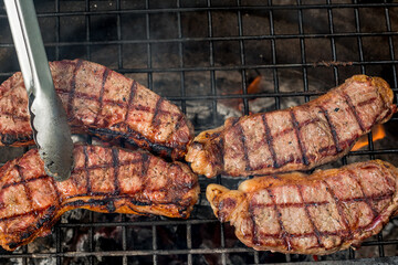 Beef steaks grilling on a cast iron grlill plate on a camp fire. Campfire cooking. Outdoor BBQ