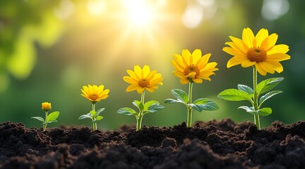 A daisy growing through different stages in the sunlight