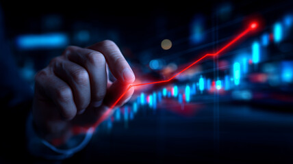 Executive strategically steering dual market trends with dynamic neon blue-and-red data lines in night cityscape.
