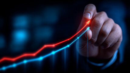 Executive strategically steering dual market trends with dynamic neon blue-and-red data lines in night cityscape.

