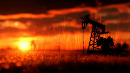 Oil pumpjack silhouette and bullish candlestick chart highlight global energy-price surge at fiery sunset.

