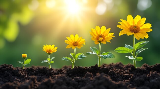 A daisy growing through different stages in the sunlight