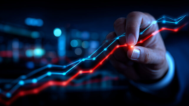 Executive strategically steering dual market trends with dynamic neon blue-and-red data lines in night cityscape.
