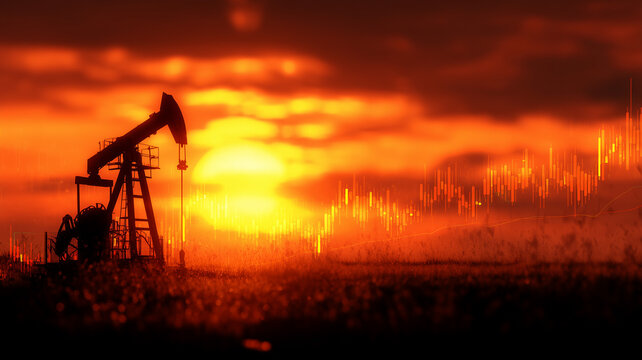 Oil pumpjack silhouette and bullish candlestick chart highlight global energy-price surge at fiery sunset.
