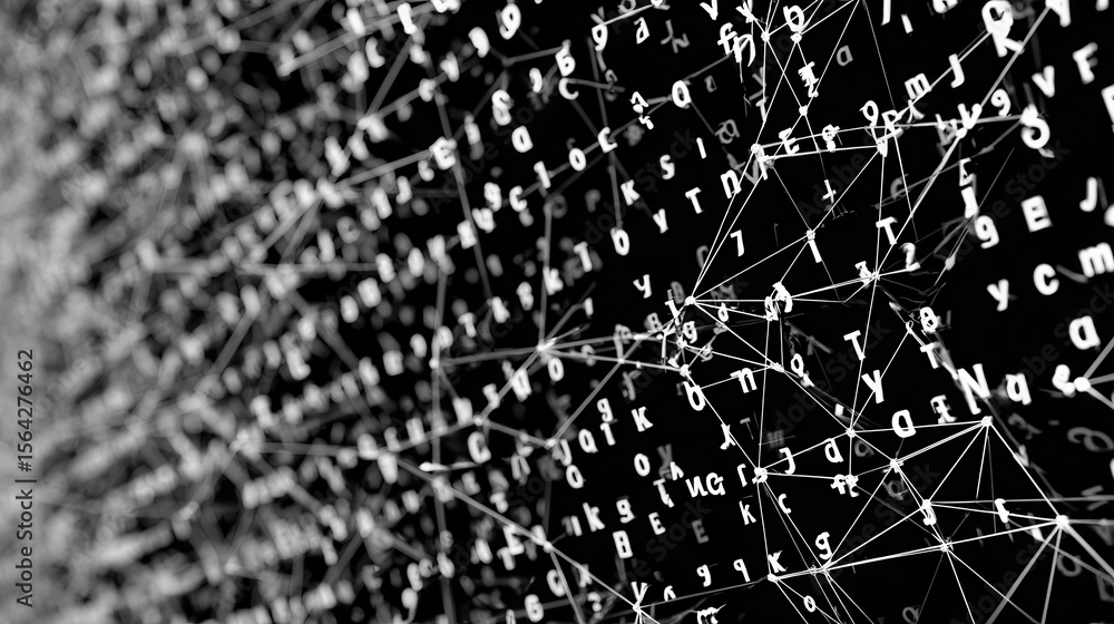 Poster abstract graphic design of interconnected letters and numbers.